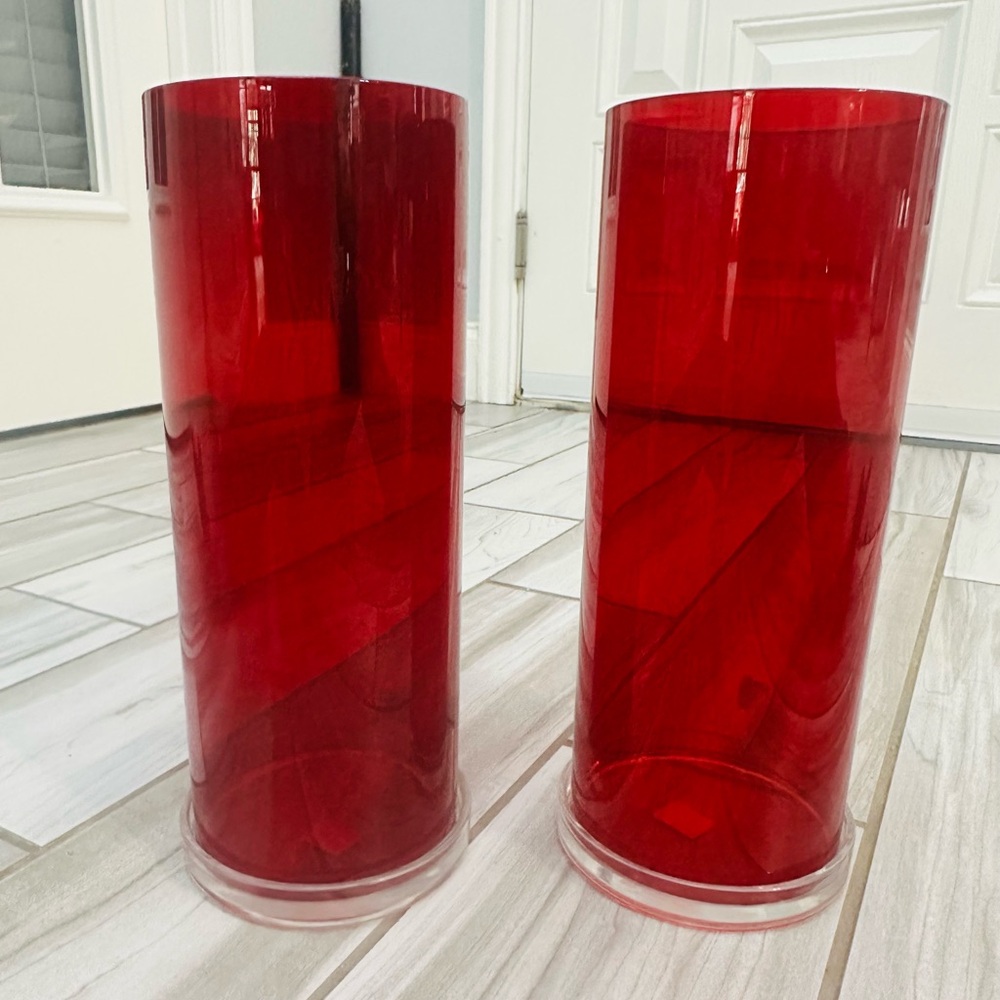 Crate & Barrel: 2 Red Glass Hurricanes